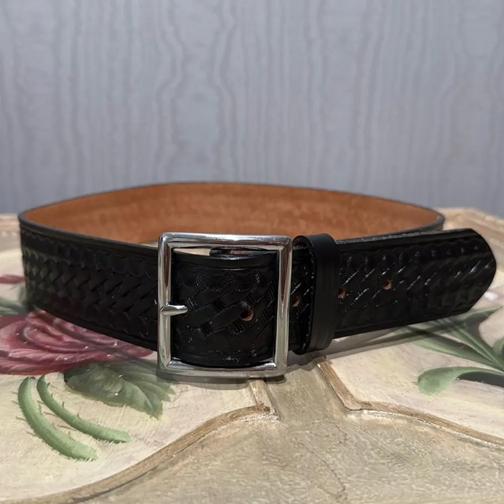 Dutyman 1621 Basketweave Leather Garrison Belt Black Silver Tone Buckle 30 NWOT